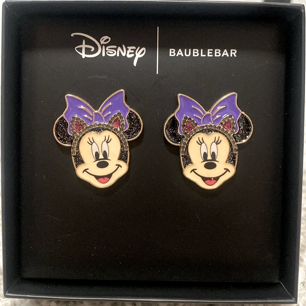 NWT Disney x Baublebar Minnie Mouse Halloween Cat Ears Purple Bow Stud Earrings